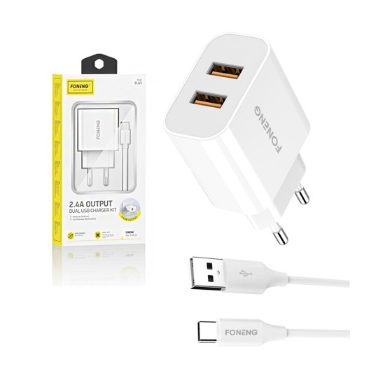 Foneng Fast Wall Charger EU45 with Type C Cable 2 USB 2.4A White Foneng Fast Wall Charger EU45 with Type C Cable 2 USB 2.4A White